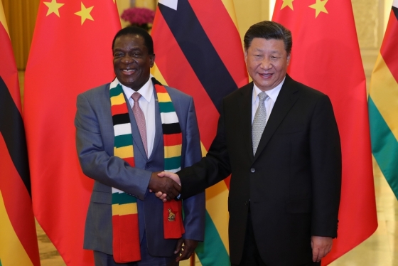 지난달 5일 중국 베이징에서 열린 '중국-아프리카 협력포럼' 후 시진핑 중국 국가주석이 에머슨 음낭가과 짐바브웨가 악수를 나누고 있다. /AFPBBNews=뉴스1