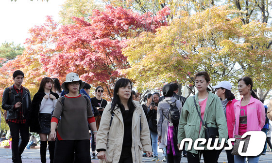 지난달 서울 중구 N서울타워 일원에서 관광객들이 단풍길을 걸으며 가을 정취를 만끽하고 있다./사진=뉴스1