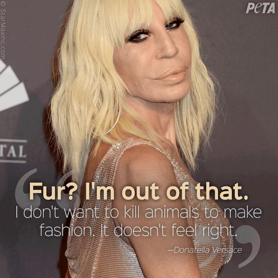 "Fur? I'm out of that"(모피? 난 손뗐다), "I don't want to kill animals to make fashion. it doesn't feel right"(난 유행을 만들기 위해 동물을 죽이고 싶지 않다. 그건 옳지 않다)라는 문구가 적혀 있다. /사진=페타 공식 인스타그램
