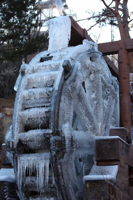 9일 강원 태백산국립공원 당골광장에 있는 물레방아가 연일 계속되는 강추위에 꽁꽁 얼어있다. /사진=뉴시스