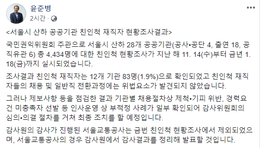 "서울시 산하 공공기관 친인척 재직자 총 83명…위법 요소 없어"