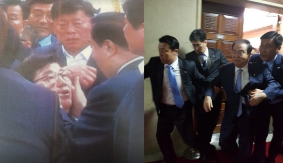 임이자 의원의 볼을 만지는 문희상 국회의장, 경호원에 둘러싸여 국회를 나가는 문희상 의장/사진제공=민경욱 의원 페이스북 