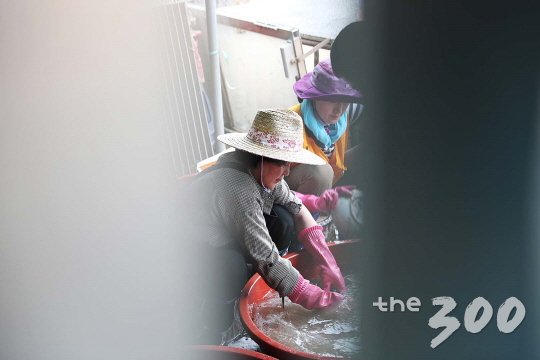김정숙 여사가 2017년 7월 충북 청주의 수해현장을 찾아 복구활동을 돕고있다./사진=청와대 제공