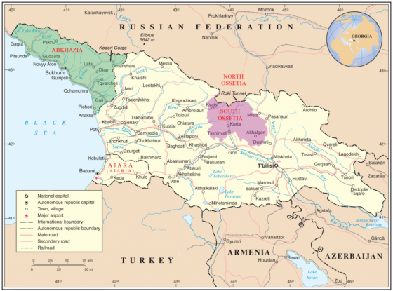 조지아 영토 내 남오세티야와 압하지야. 분홍색 부분이 남오세티야, 초록색 부분이 압하지야다. /사진=위키커먼스 