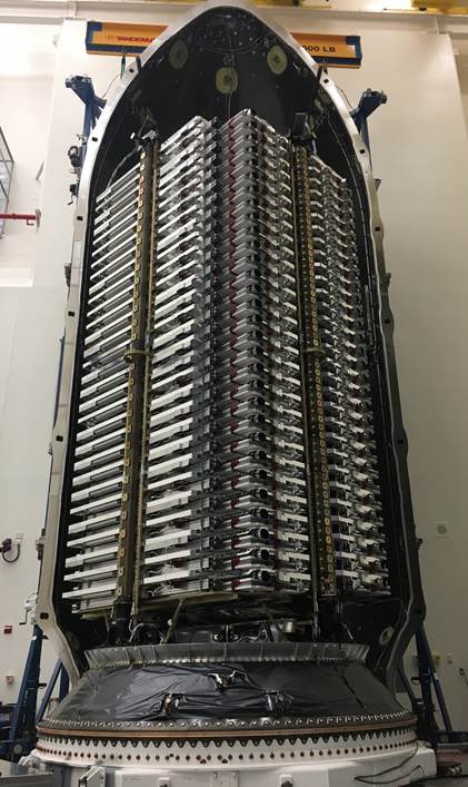 스페이스X의 팔콘9 로켓 앞부분에 쌓아올린 인터넷망 구축용 위성 60기의 모습. /사진=일론 머스크 테슬라 최고경영자(CEO) 트위터