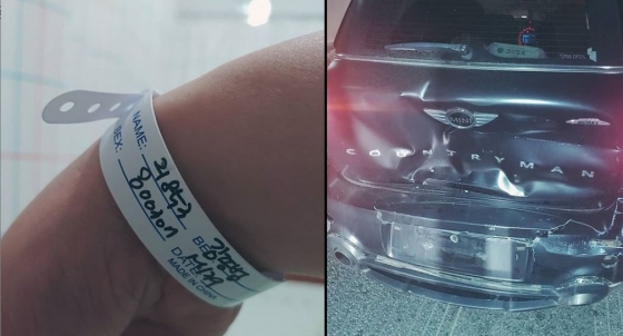 가수 모세가 올린 입원 사진(왼쪽)과 파손된 차량(오른쪽)/사진=모세 인스타그램