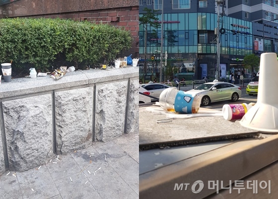 지난 20일 서울 길거리 곳곳에 쓰레기가 나뒹굴고 있었다. 사진 왼쪽은 서울 종로구 한 흡연구역, 오른쪽은 서울 마포구 전력 개폐기 위./사진=박가영 기자