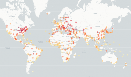스위스 크로더 연구소가 2050년 전 세계 주요 520개 도시 연평균 기온 전망치를 지도에 그린 모습. 현재보다 더울수록 짙은 빨간색이다. 서울과 부산은 각각 2.1℃ 오를 전망이다. /사진=크로더연구소 홈페이지 갈무리.