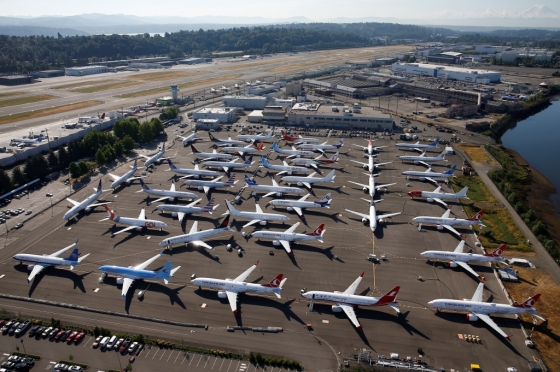 미국 워싱턴주 시애틀의 '보잉 필드'에 주기 중인 737 맥스 항공기 모습. 737 맥스 기종은 지난해 10월과 올해 3월 추락 사고를 낸 이후 운항이 전면 중단된 상태다. /사진=로이터통신
