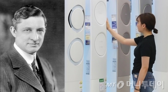 에어컨을 발명한 윌리스 하빌랜드 캐리어(왼쪽)와 에어컨을 바라보는 시민 /사진=위키피디아, 뉴스1