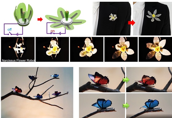 수선화 꽃이 피는 과정과 나무 위에 앉은 나비들의 날개짓을 개발한 소프트 액츄에이터로 시연한 모습/자료=KAIST  
