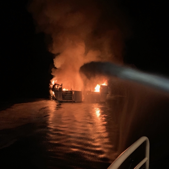 2일(현지시간) 새벽 미 캘리포니아주 남부 산타바바라의 산타크루즈 섬 인근에서 상업용 다이빙 보트 '컨셉션'호가 화재로 침몰했다. 사고 원인은 밝혀지지 않았으며, 배에 타고 있던 39명 중 8명은 사망했고, 26명은 실종 상태다. /사진=AFP