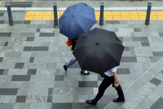 7일 오전 서울 중구 시청역 인근에서 시민들이 우산을 쓰고 걷고 있다. 2019.08.07.   /사진=뉴시스