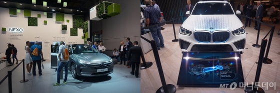 현대차 부스에 전시된 수소전기차 '넥쏘'(왼쪽) 모습과 BMW가 공개한 'BMW i 하이드로젠 넥스트' 모습. /사진=이건희 기자