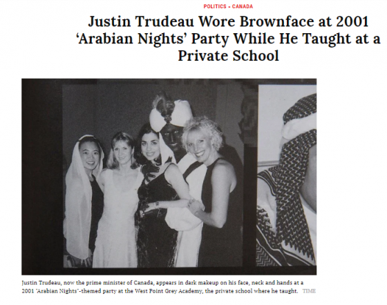 얼굴을 새까맣게 칠한 채 코스튬 파티에 참여한 저스틴 트뤼도 캐나다 총리의 사진. /사진=타임지 캡쳐