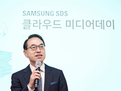 홍원표 삼성SDS 대표가 20일 춘천 데이터센터에서 열린 '클라우드 미디어데이'에서 클라우드 사업 계획을 밝히고 있다./사진=삼성SDS
