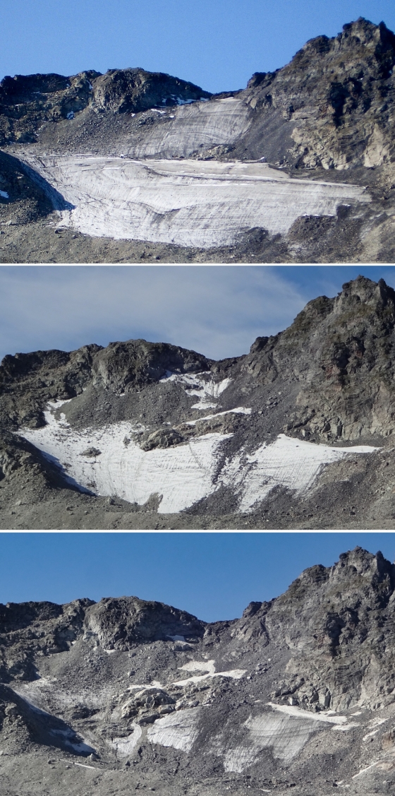 스위스 알프스산맥의 '피졸(Pizol) 빙하'가 시간이 흐름에 따라 녹아 사라지는 모습(맨위부터 2006년, 2017년, 2019년의 피졸 빙하)/사진=AFP