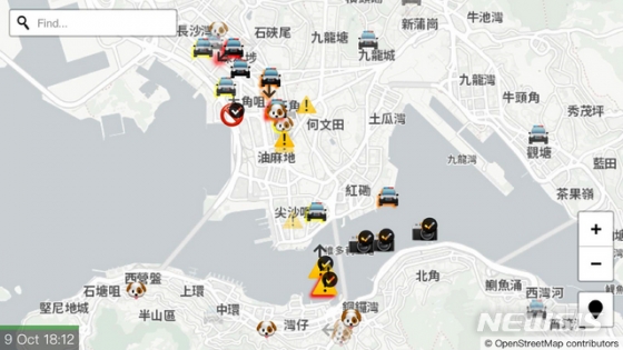 애플 플레이스토어의 홍콩지도 앱, 경찰 위치와 최루탄 발사지가 표시되어 있다/사진=뉴시스