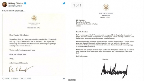 힐러리 클린턴 전 미국 국무장관이 자신의 트위터에 20일(현지시간) 올린 '패러디 서한'(왼쪽)과 그가 모방한 도널드 트럼프 미국 대통령이 타이이프 에르도안 터키 대통령에게 9일 보낸 서한(오른쪽) /사진=트위터