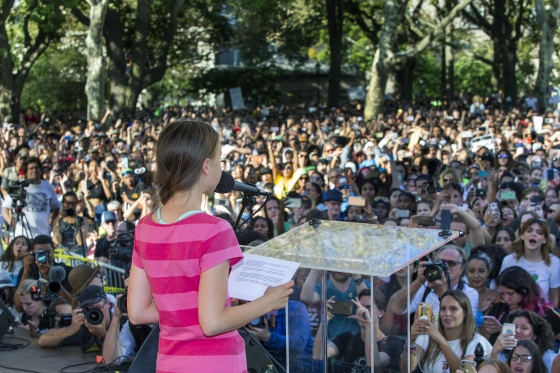 스웨덴의 10대 환경운동가 그레타 툰베리가 9월 20일(현지시간) 미국 뉴욕에서 열린 '글로벌 기후 파업'에 참석해 연설하고 있다. /사진=뉴시스