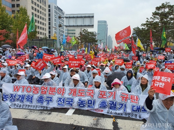 13일 서울 여의도 국회 앞에 모인 농민들이 정부의 'WTO 개도국 지위 포기 결정'을 비판하는 집회를 열고 있다. /사진=정경훈 기자