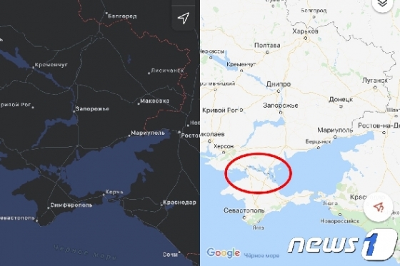 애플 지도(왼쪽)와 구글 지도 크림반도 표기 비교 © 뉴스1