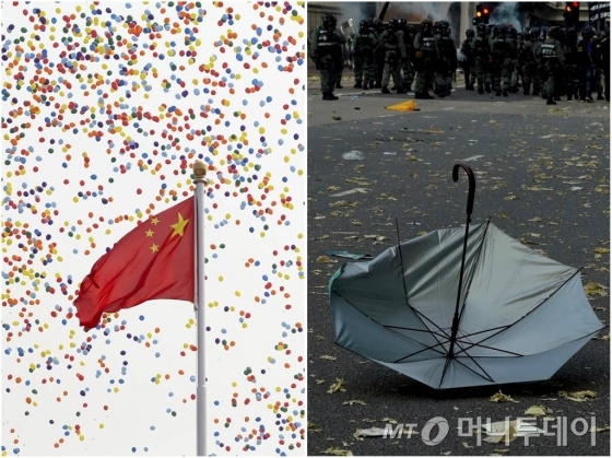 【홍콩=AP/뉴시스】두 장의 이어붙인 사진 왼쪽에 1일(현지시간) 중국 베이징의 톈안먼 광장에서 신중국 건국 70주년 기념식이 열린 가운데 펄럭이는 오성기 위로 축하 풍선이 날아가고 있다.    오른쪽에는 같은 날 홍콩에서 시위대가 '국경절 애도 시위'를 벌이다 경찰과 충돌해 버려진 우산이 거리에 놓여 있어 일국양제의 두 얼굴을 보여주고 있다. 2019.10.02.