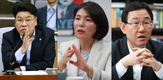 사진 왼쪽부터 장제원 자유한국당 의원, 전희경 한국당 대변인, 주호영 한국당 의원./사진=이동훈 기자