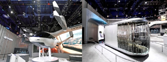 현대차자동가 발표한 개인용비행채(PAV) 콘셉트인 'S-A1(왼쪽)와 현대차의 목적 기반 모빌리티(PBV·Purpose Built Vehicle) 모습./사진제공=현대차