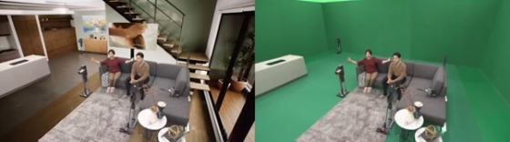 3D VR 기술을 적용한 스튜디오(왼쪽)와 실제 방송 촬영 현장의 모습 /사진제공=SK스토아