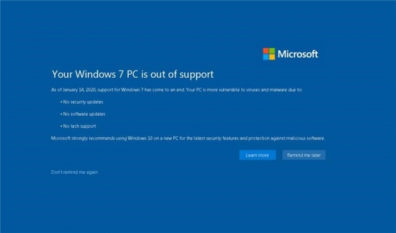 윈도7 기술 지원 종료에 따른 경고 화면. 윈도10 업그레이드를 권장하고 있다. /사진=MS