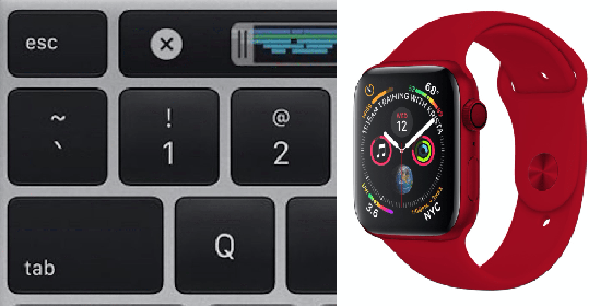 맥북 프로에서 개선된 키보드(왼쪽)와 빨간색 애플워치 예상 렌더링 /사진=나인투파이브맥