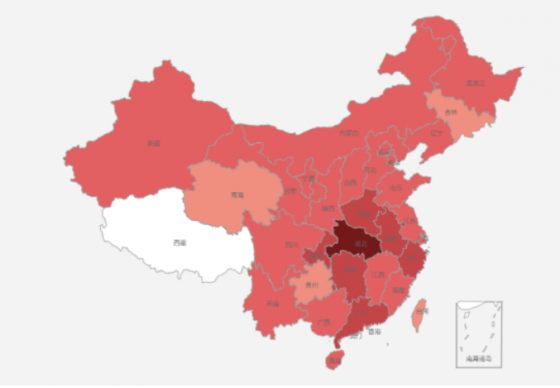 중국 내 신종 코로나 확진자 지도. 확진자가 많을수록 색이 진하다. 가운데 색이 가장 진한 곳이 후베이성이며 그 주위 지역이 그다음으로 색이 진한 것을 볼 수 있다. /사진=딩샹위안