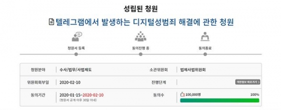 지난 10일 통과된 '텔레그램에서 발생하는 디지털성범죄 해결에 관한 청원' 페이지. /사진=국회 국민동의청원 홈페이지 캡처.