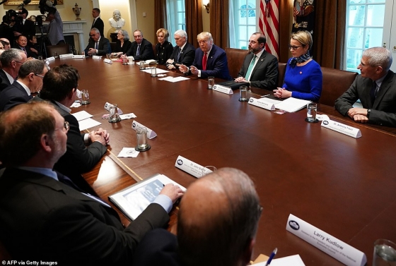 조셉 김 이노비오 대표(왼쪽 위 끝)가 2일(현지시간) 미국 백악관에서 열린 코로나19 관련 제약회사 경영진과의 회의에 참석했다./사진제공=AFP via Getty Images