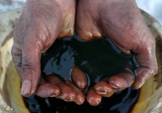 러시아 이르쿠츠크주에서 나오는 원유를 이르쿠츠크 원유회사의 한 직원이 손에 담아보이고 있다.(2019년 3월 11일)/사진=로이터