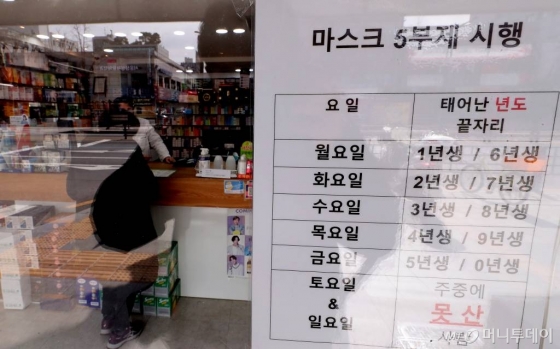 마스크 5부제 시행 첫 주말인 15일 오전 서울 종로구에 위치한 약국에서 한 시민이 마스크를 구매하고 있다.마스크 5부제는 출생년도 끝자리가 1·6이면 월요일, 2·7 화요일, 3·8 수요일, 4·9 목요일 5·10 금요일에 구매할 수 있으며, 주중에 구하지 못한 이들은 주말에 출생년도와 상관 없이 구매할 수 있다. / 사진=김창현 기자 chmt@