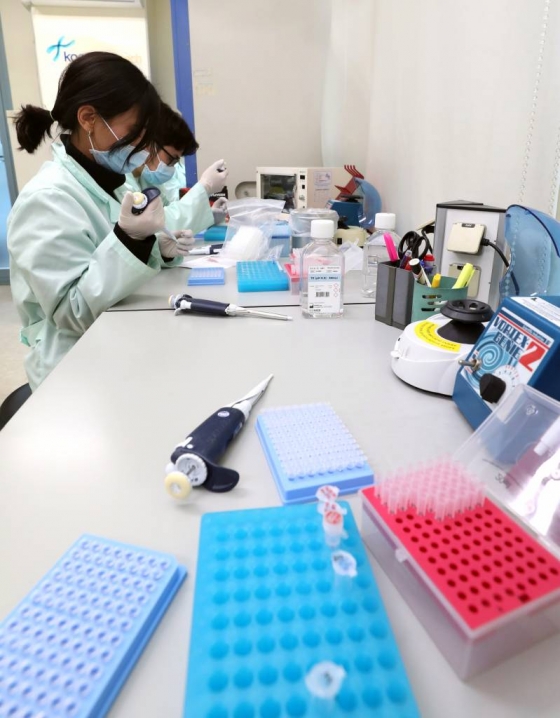 5일 오후 서울 금천구 코젠바이오텍에서 연구원들이 신종 코로나바이러스 감염증 진단시약을 실험하고 있다. / 사진=이기범 기자 leekb@