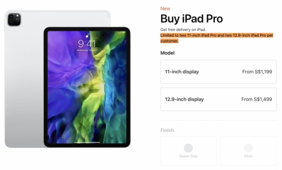 애플 온라인 스토어에서 신형 아이패드 프로 구매 화면. 전에는 없던 구매 수량 제한을 안내하고 있다. /사진=맥루머스