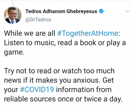 테드로스 WHO 사무총장은 최근 SNS를 통해 “우리는 집에서 함께하며 음악을 듣고, 책을 읽고 또는 게임을 플레이할 수 있다”고 했다. 그는 사회적 거리두기를 권장하는 캠페인 ‘투게더앳홈’을 태그로 설정하기도 했다. 