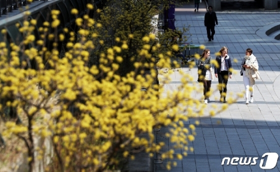 전국이 맑고 포근한 봄 날씨를 보인 23일 서울 청계천에서 외국인 관광객들이 산책을 하고 있다. 2020.3.23/뉴스1 © News1 황기선 기자