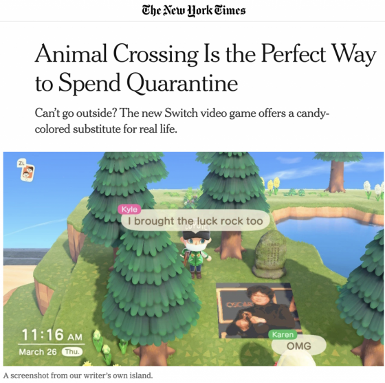 지난달 31일 뉴욕타임스가 닌텐도사의 '동물의 숲' 게임에 대해 올린 기사. /사진=뉴욕타임스 캡처.