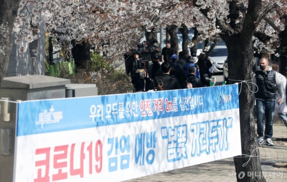 지난달  29일 오후 서울 영등포구 여의도 윤중로에서 시민들이 벚꽃을 구경하고 있다. / 사진=김창현 기자 chmt@