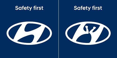 현대차 SNS에 게재된 코로나19 예방 관련 로고. 왼쪽은 기존 로고, 오른쪽은 팔꿈치 인사를 표현한 로고다. /사진=현대차 월드와이드 트위터