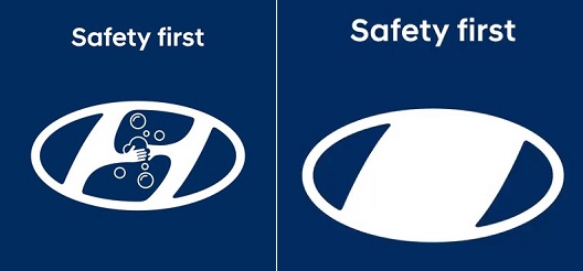 현대차 SNS에 게재된 코로나19 예방 관련 로고. 왼쪽은 손씻는 모습, 오른쪽은 마스크 쓴 모습을 형상화했다. /사진=현대차 월드와이드 트위터