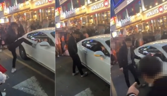 술에 취한 남성이 고가 외제차인 벤틀리에 발길질을 하는 영상이 퍼지고 있다. 페이스북 영상 갈무리 /뉴스1