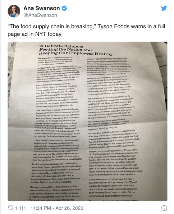 타이슨푸드가 지난 26일 뉴욕타임스 지면에 식품 공급망의 붕괴를 우려하는 광고를 게재했다. /사진=트위터 캡처.