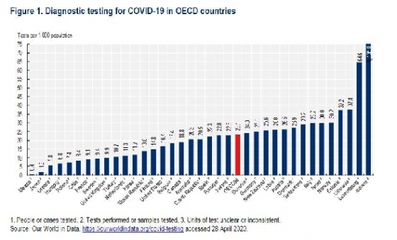 OECD 회원국들의 인구 1000명당 코로나19 검사 건수 (4월28일 기준. OECD 보고서 캡처) © 뉴스1