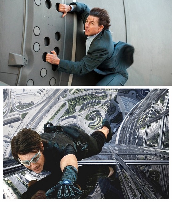 영화 '미션임파서블'의 한 장면 (위)톰 크루즈가 비행기에 매달린 액션신,(아래), 부르즈 칼리파 123층 벽에 매달린 액션신/사진=롯데엔터테인먼트
