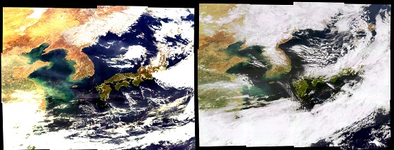 (왼쪽부터)천리안 2B호  2020년 3월 23일 13시 관측 영상, 천리안2B호 2020년 4월 22일 13시 관측 영상/자료=한국항공우주연구원
